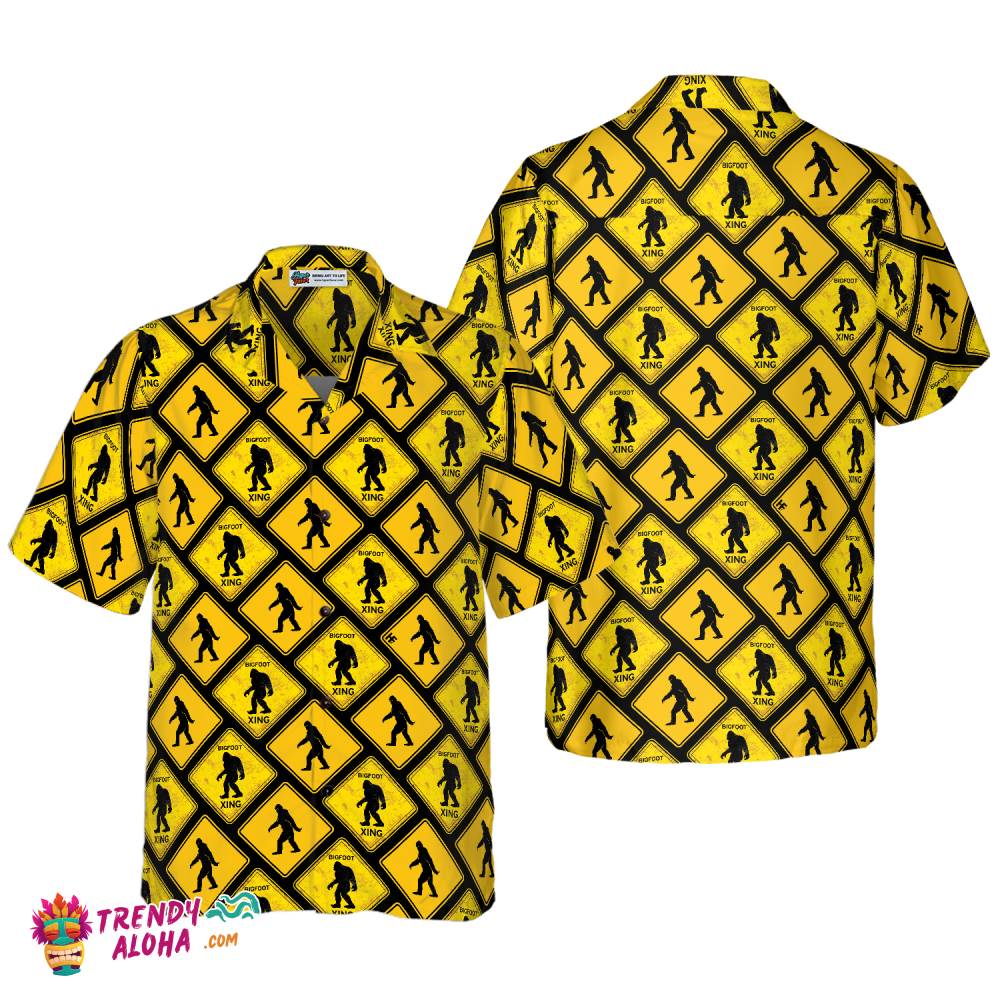 Bigfoot Yellow Square Bigfoot Hawaiian Shirt, Diamond Pattern Caution Signs Bigfoot Shirt For Men Bigfoot Yellow Square Bigfoot Hawaiian Shirt, Diamond Pattern Caution Signs Bigfoot Shirt For Men