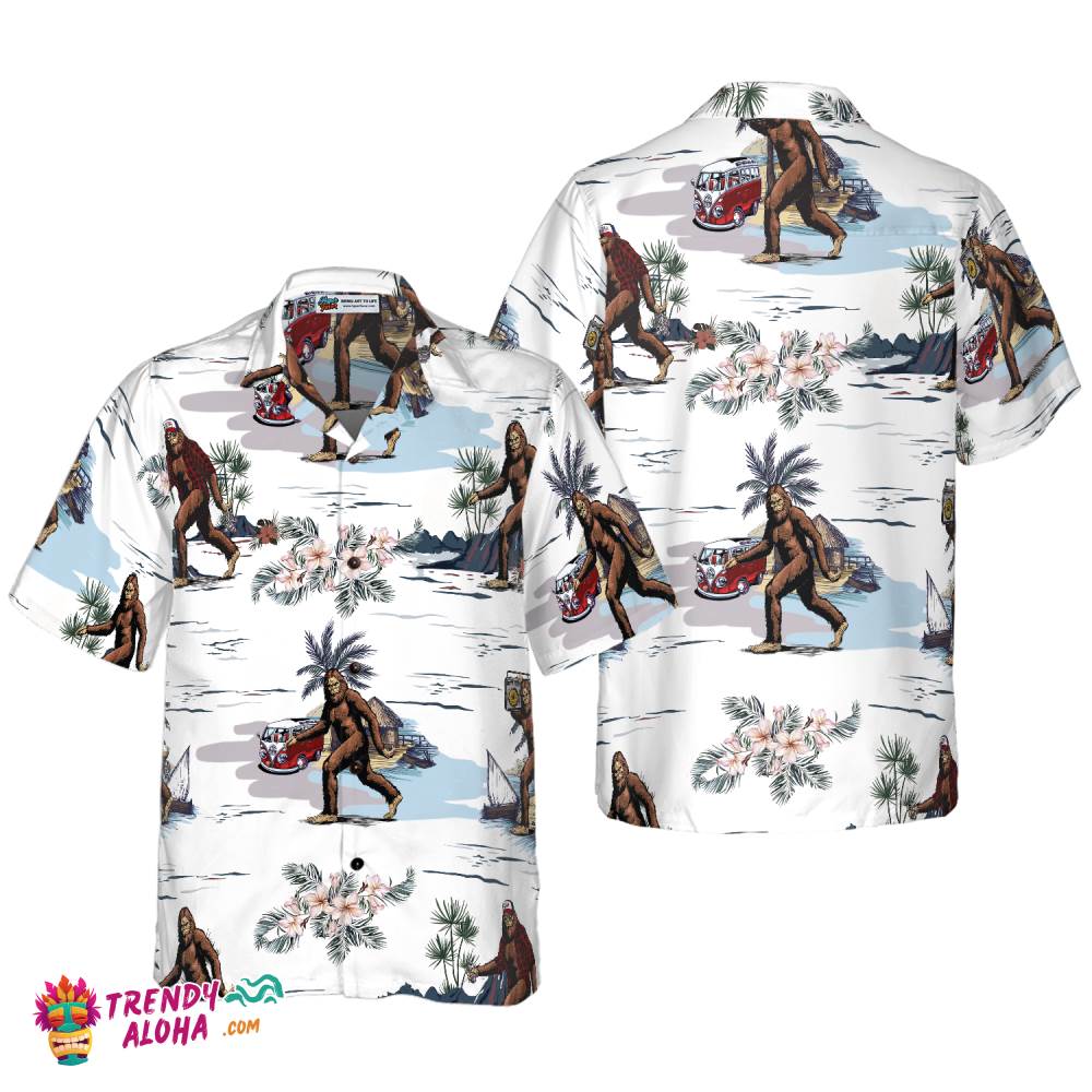 Bigfoots Are Ready For Summer Bigfoot Hawaiian Shirt, White Tropical Floral Bus Trip Bigfoot Shirt For Men Bigfoots Are Ready For Summer Bigfoot Hawaiian Shirt, White Tropical Floral Bus Trip Bigfoot Shirt For Men