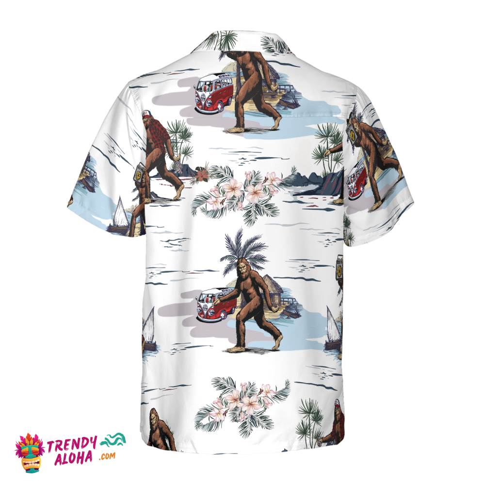 Bigfoots Are Ready For Summer Bigfoot Hawaiian Shirt, White Tropical Floral Bus Trip Bigfoot Shirt For Men