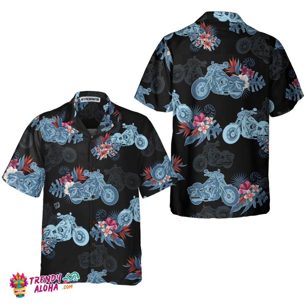 Biker Blue Tropical Flower Pattern Motorcycle Hawaiian Shirt, Unique Gift For Bikers Biker Blue Tropical Flower Pattern Motorcycle Hawaiian Shirt, Unique Gift For Bikers