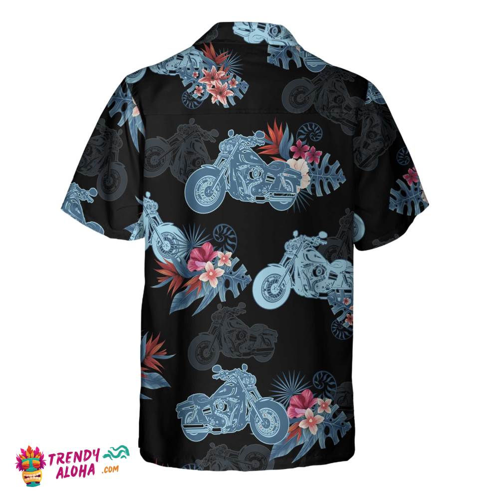 Biker Blue Tropical Flower Pattern Motorcycle Hawaiian Shirt, Unique Gift For Bikers