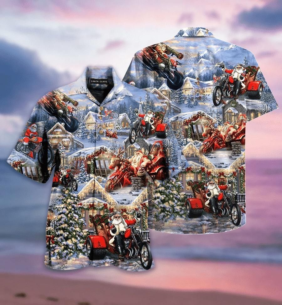 Biker Santa Spreads Holiday Joy Hawaiian Shirt