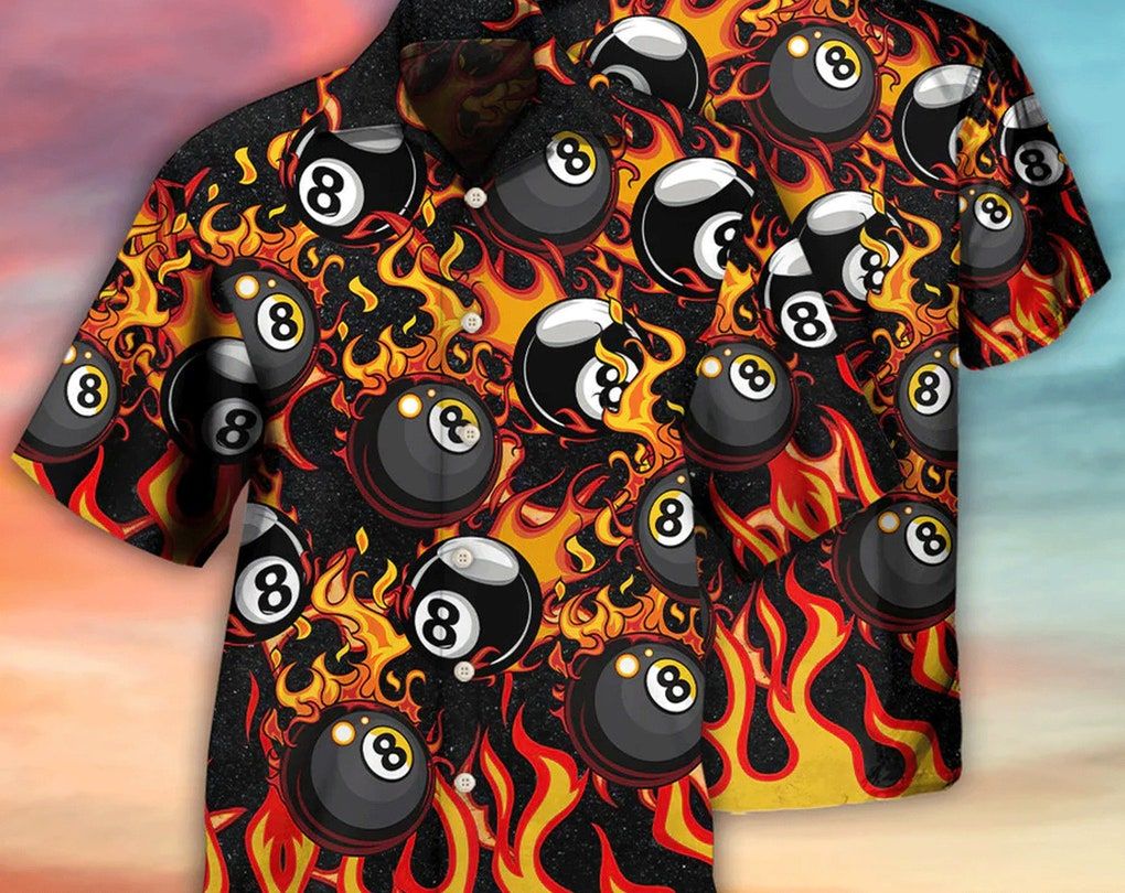 Billiard Eight Ball Burning With Fire Flames, Beach Party Matching Shirt For Men/Women, Hawaiian Set Gift, Meaningful Birthday Presents.