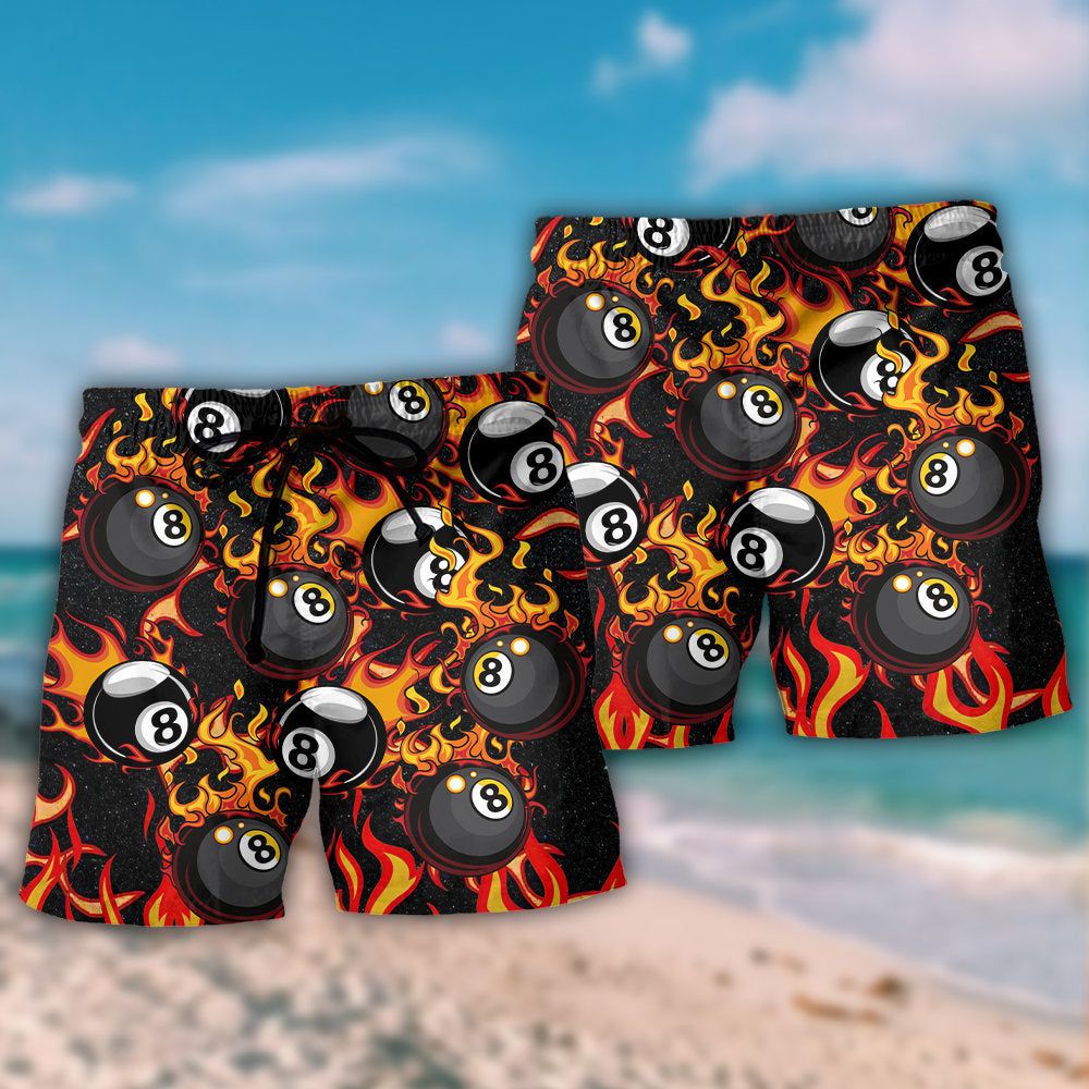 Billiard Eight Ball Burning With Fire Flames Trendy Aloha Hawaiian Beach Shorts