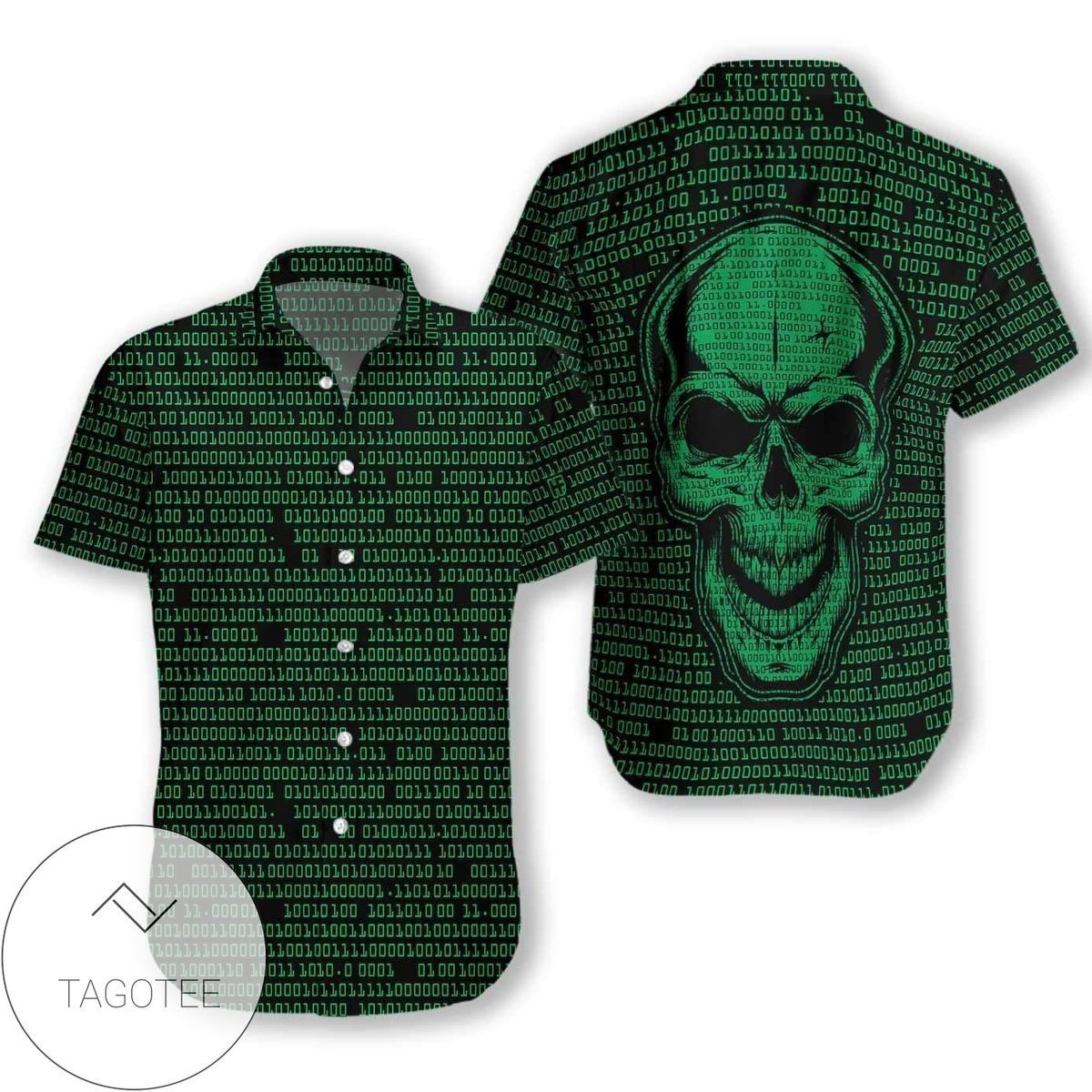 Binary Code Forms Intimidating Skull Green Hawaiian Shirt