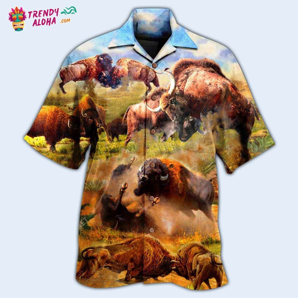 Bison Animals Bison In Wild Battle To Live Hawaiian Shirt – Trendy Aloha