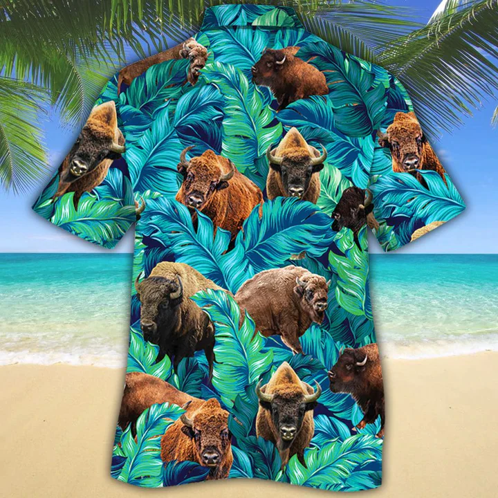 Bison Lovers Trendy Hawaiian Shirt, Animal Cow Trendy Hawaiian Shirt Men, Short Sleeve Hawaiian Aloha Shirt