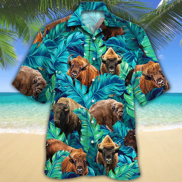 Bison Lovers Trendy Hawaiian Shirt, Animal Cow Trendy Hawaiian Shirt Men, Short Sleeve Hawaiian Aloha Shirt