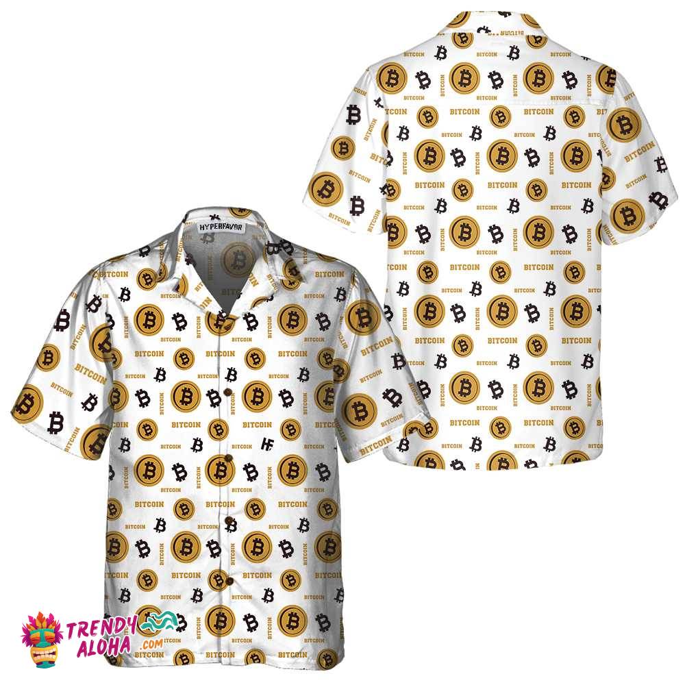 Bitcoin Seamless Pattern In White Background Hawaiian Shirt, Funny Bitcoin Shirt For Men & Women