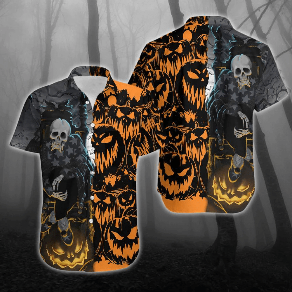 Black & Orange Pumpkin Halloween Trendy Hawaiian Shirt, Unisex Print Aloha Short Sleeve Casual Shirt Black & Orange Pumpkin Halloween Trendy Hawaiian Shirt, Unisex Print Aloha Short Sleeve Casual Shirt