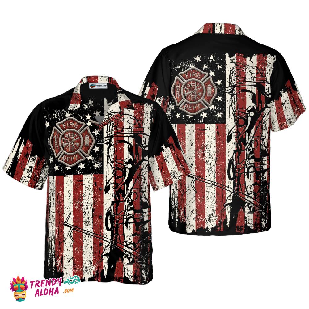 Black American Flag Fire Dept Firefighter Hawaiian Shirt, Fire Department Badge Firefighter Shirt For Men