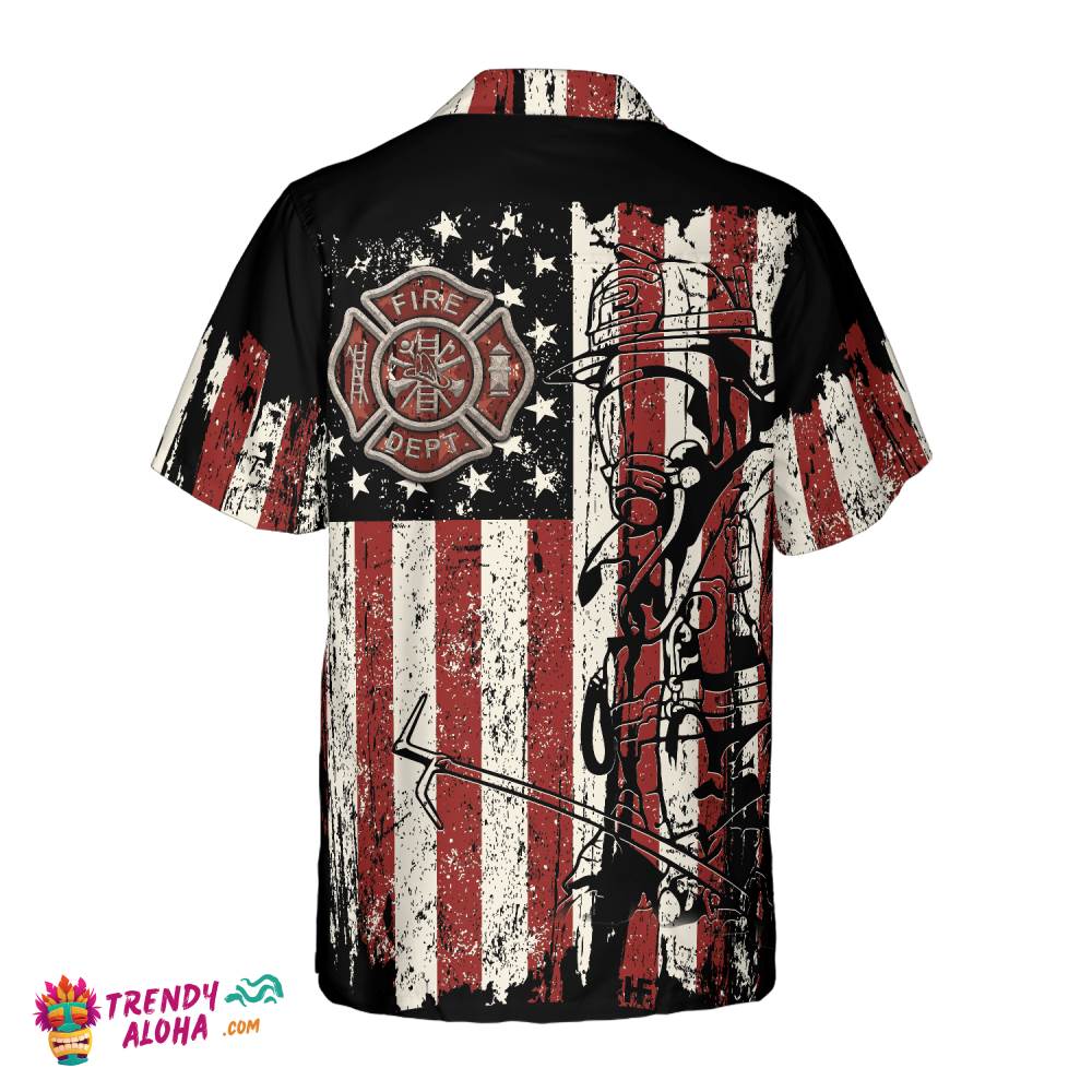 Black American Flag Fire Dept Firefighter Hawaiian Shirt, Fire Department Badge Firefighter Shirt For Men