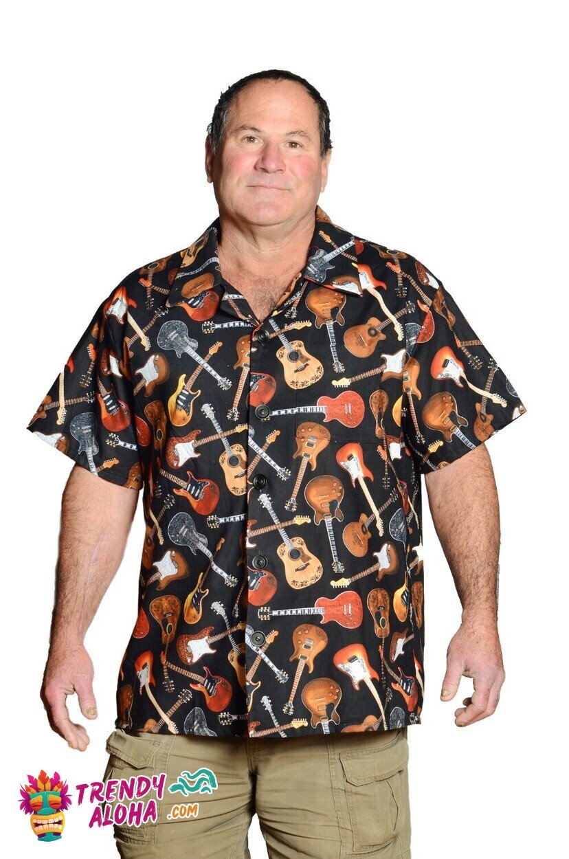 Black and Brown Rock Guitars Vibrant Print Hawaiian Shirt