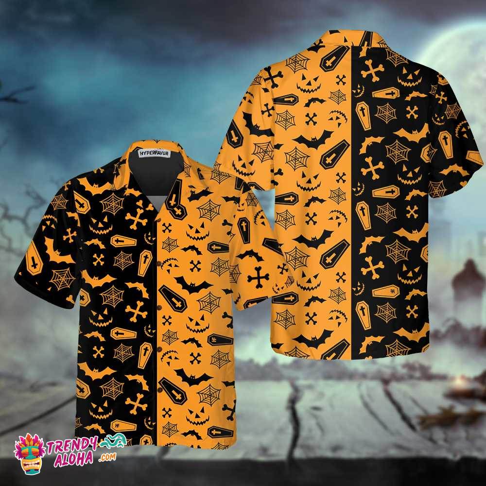 Black And Orange Spooky Halloween Hawaiian Shirt, Halloween Seamless Pattern Shirt, Best Halloween Gift Ideas