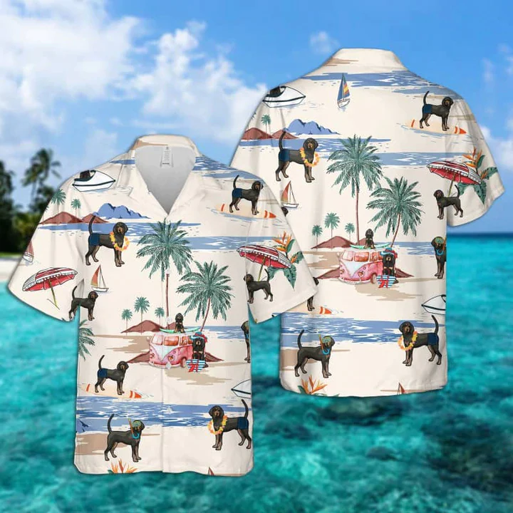 Black And Tan Coonhound Summer Beach Trendy Hawaiian Shirt, Trendy Hawaiian Shirts For Men, Trendy Hawaiian Shirts For Men, Aloha Beach Shirt