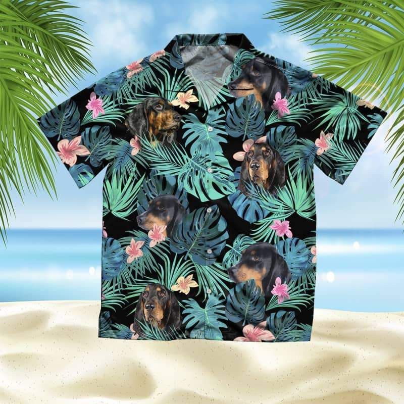 Black And Tan Coonhound Trendy Hawaiian Shirt, Dog Summer Leaves Trendy Hawaiian Shirt, Unisex Print Aloha Short Sleeve Casual Shirt Summer Gifts