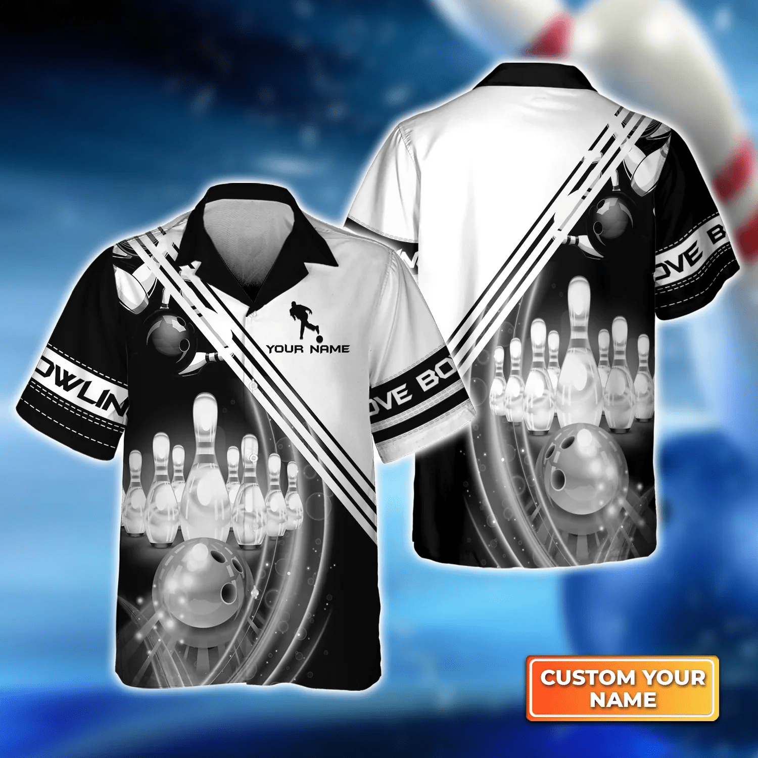 Black And White Bowling Ball In Motion And The Pins Trendy Hawaiian Shirt, Bowling Trendy Hawaiian Shirt For Men, Women, Bowling Team Shirt