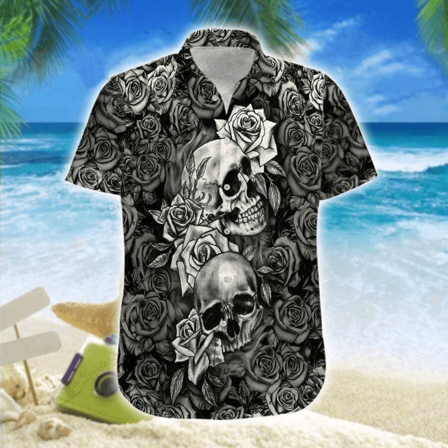 Black And White Skull Roses 3D Trendy Hawaiian Shirt For Men, Skull Hawaiian Aloha Shirt