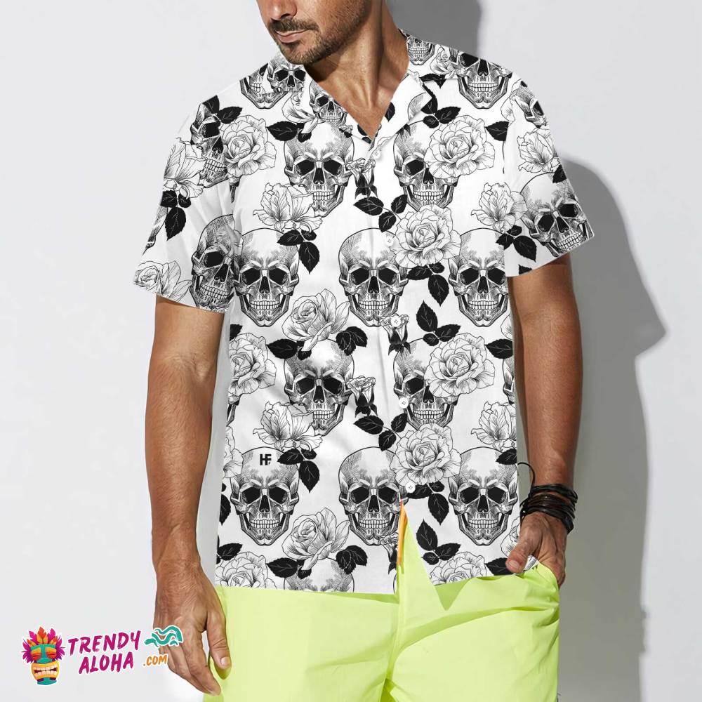 Black And White Skull Roses Hawaiian Shirt, Seamless Pattern Skull Shirt