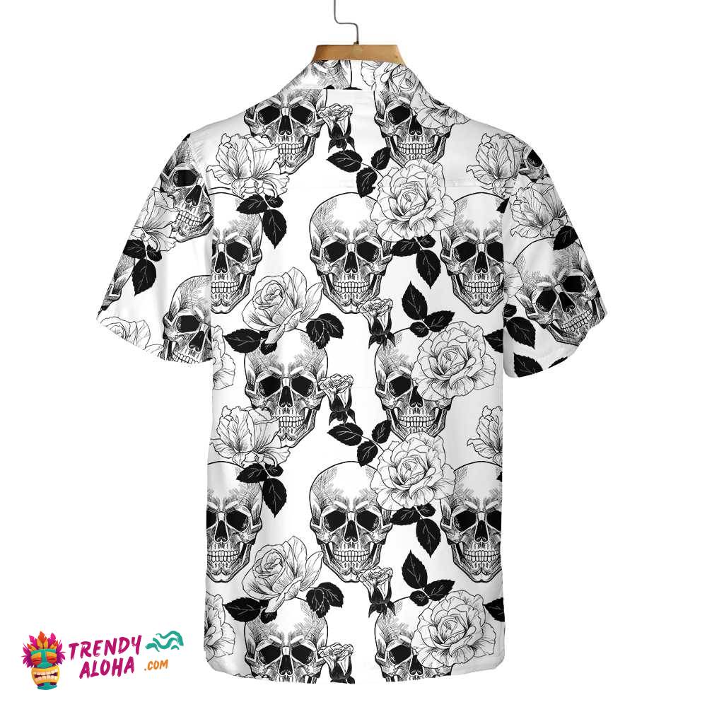 Black And White Skull Roses Hawaiian Shirt, Seamless Pattern Skull Shirt