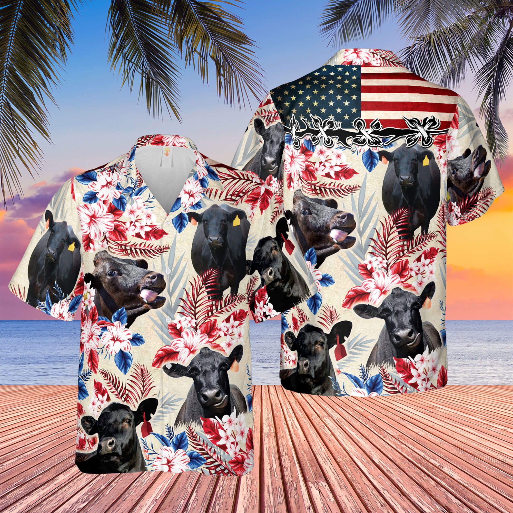 Black Angus American Flag Hawaiian Flowers All Over Printed 3D Hawaiian Shirt