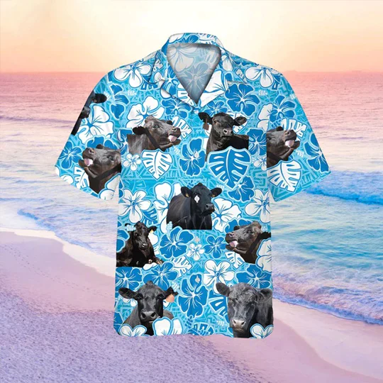 Black Angus Blue Floral Trendy Hawaiian Shirt, Cow Hawaii Shirt, Cow Lovers Shirt For Men