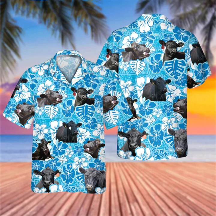 Black Angus Blue Floral Trendy Hawaiian Shirt, Cow Hawaii Shirt, Cow Lovers Shirt For Men Black Angus Blue Floral Trendy Hawaiian Shirt, Cow Hawaii Shirt, Cow Lovers Shirt For Men