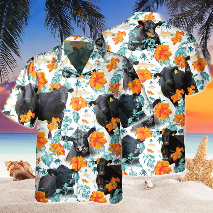 Black Angus Blue Floral Trendy Hawaiian Shirt, Cow Hawaii Shirt, Cow Shirts, Cow Lovers, Shirt For Men