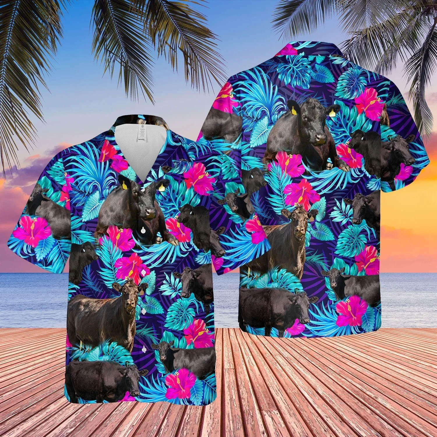 Black Angus Blue Neon Tropical Cattle Hawaii Shirt, Cow Trendy Hawaiian Shirt For Summer Gifts
