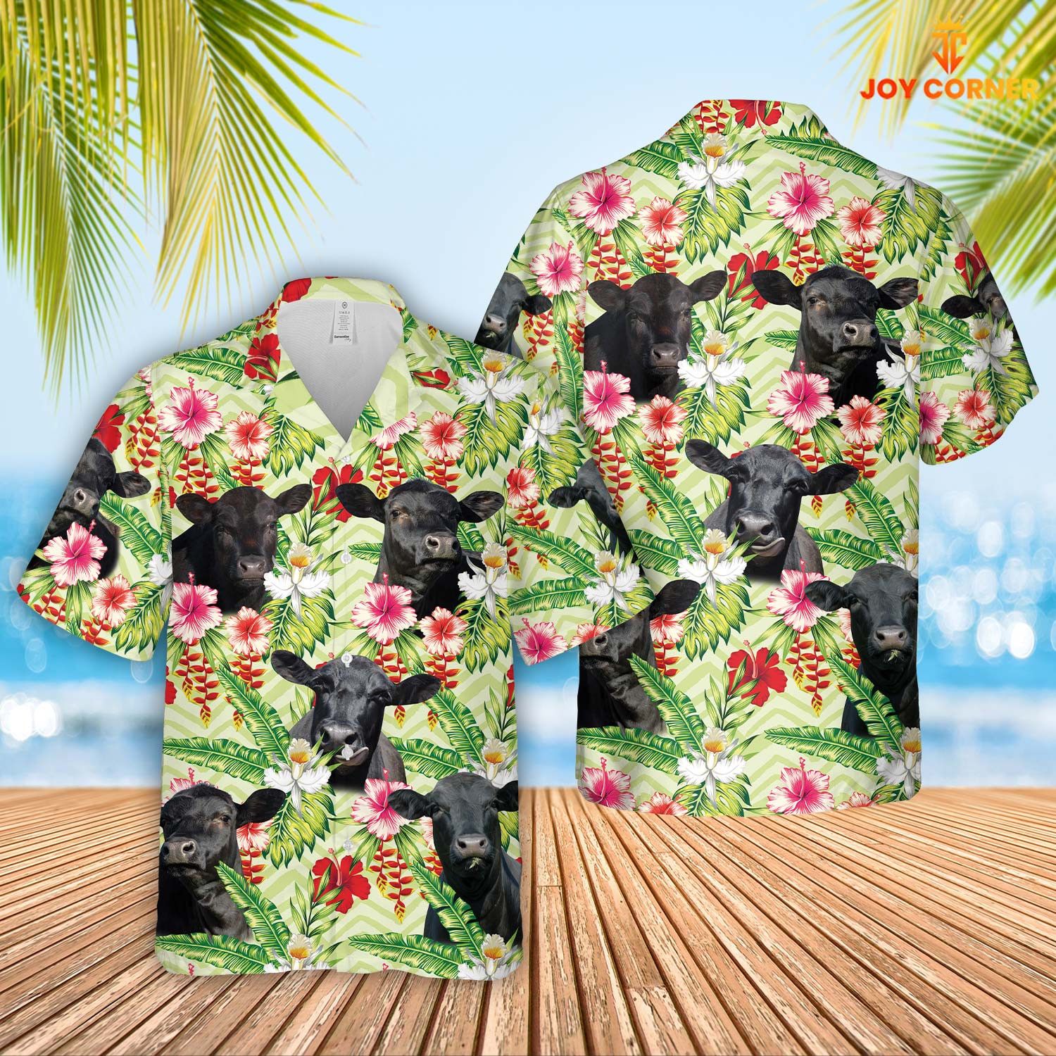 Black Angus Breed Hawaiian Shirt Showcasing Hibicus Florals 3D Print Detail