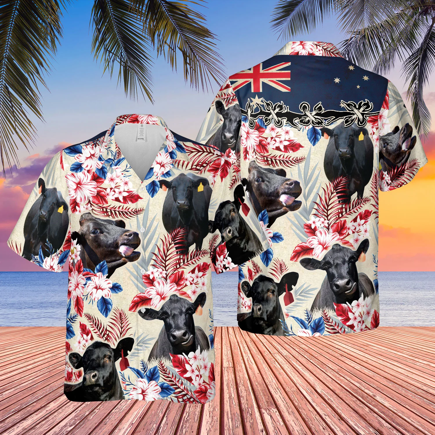 Black Angus Cattle Australia Flag Hawaiian Flowers Hawaiian Shirt