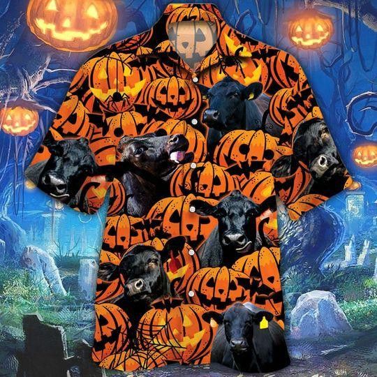 Black Angus Cattle Halloween Pumpkin Hawaiian Shirt For