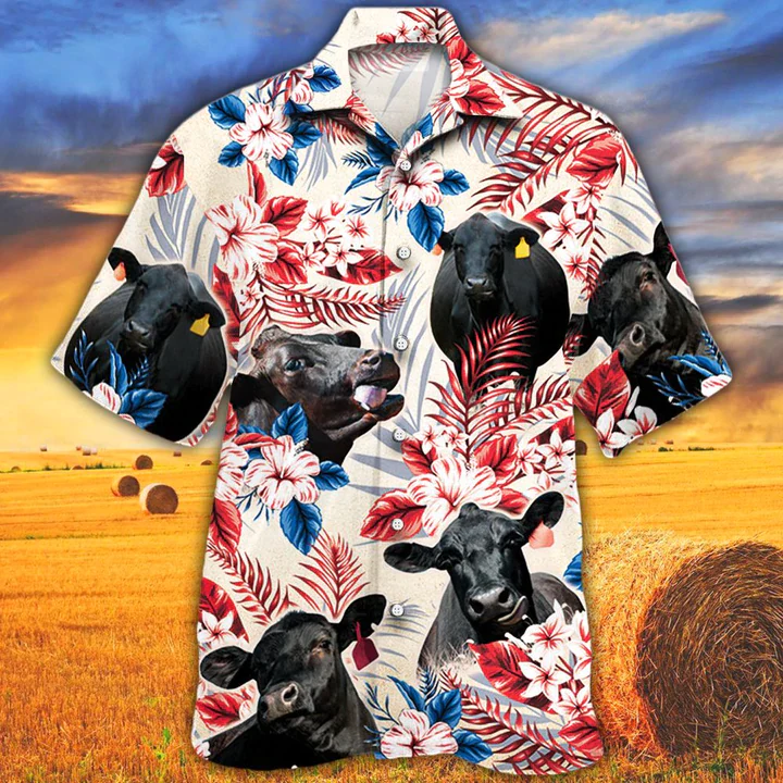 Black Angus Cattle Lovers American Flag Trendy Hawaiian Shirt, Cow Trendy Hawaiian Shirt Vintage Flower