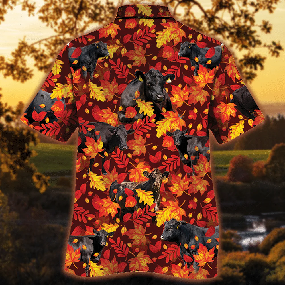 Black Angus Cattle Lovers Autumn Red Leaves Trendy Hawaiian Shirt, Cow Trendy Hawaiian Shirt For Summer Gifts