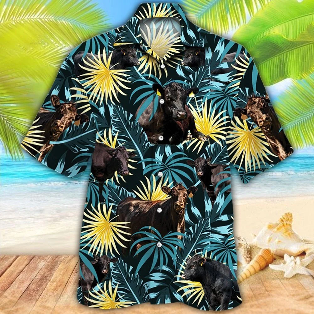 Black Angus Cattle Lovers Blue And Yellow Plants Trendy Hawaiian Shirt Black Angus Cattle Lovers Blue And Yellow Plants Trendy Hawaiian Shirt