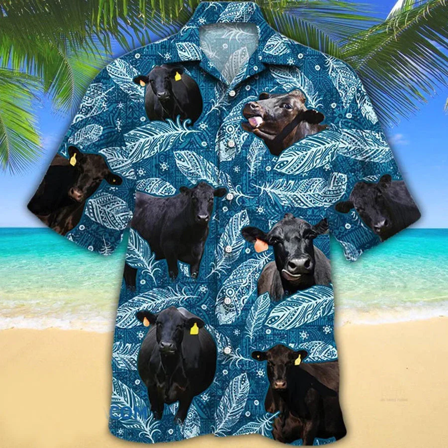 Black Angus Cattle Lovers Blue Feather Hawaii Hawaiian Shirt