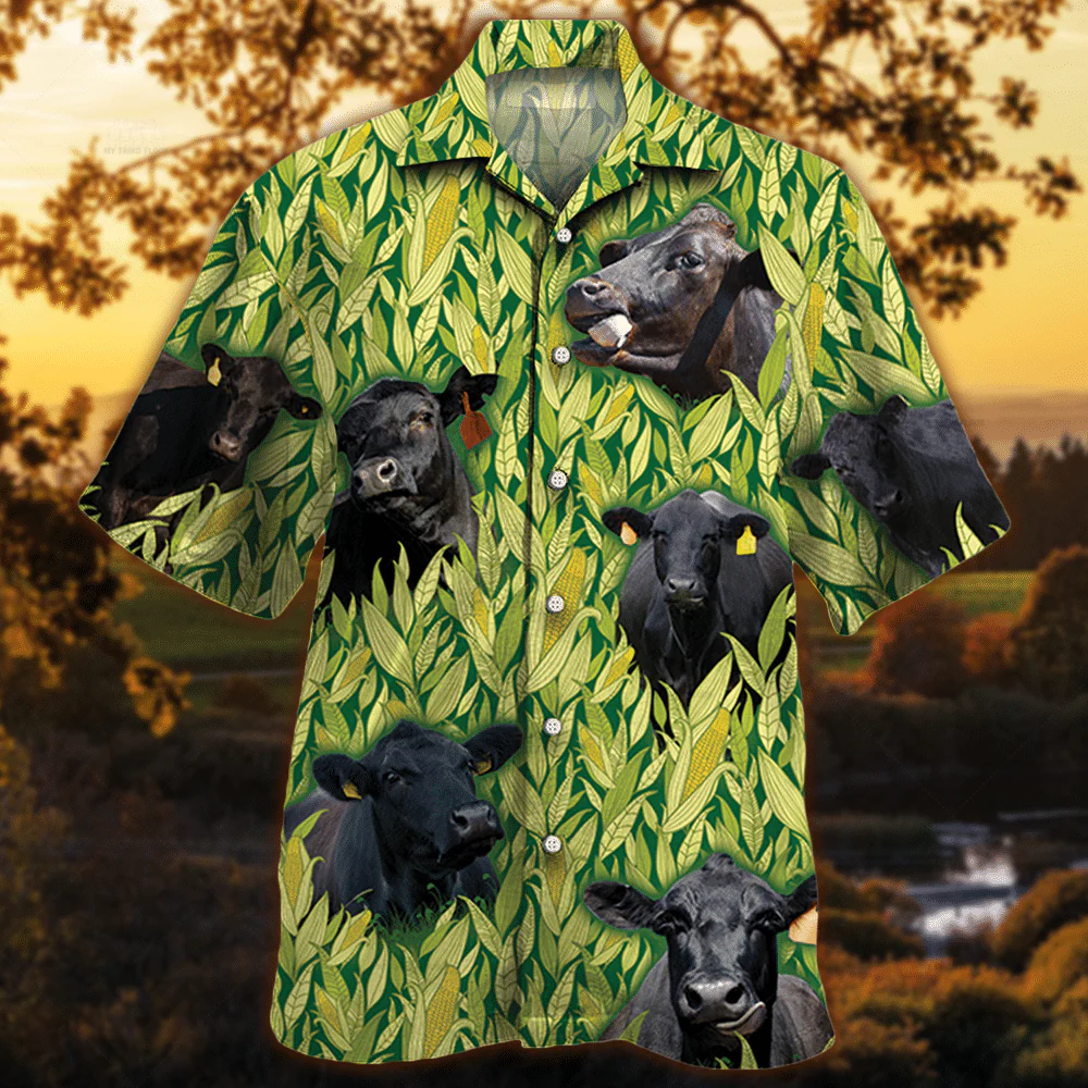 Black Angus Cattle Lovers Corn Pattern Trendy Hawaiian Shirt, Cow Trendy Hawaiian Shirt For Summer Gifts Black Angus Cattle Lovers Corn Pattern Trendy Hawaiian Shirt, Cow Trendy Hawaiian Shirt For Summer Gifts