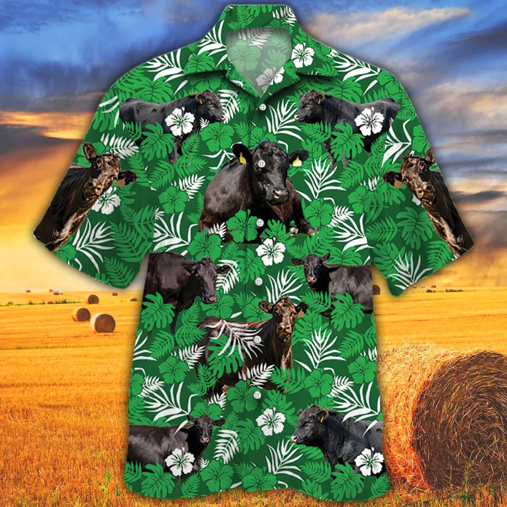Black Angus Cattle Lovers Green Floral Pattern Trendy Hawaiian Shirt, Cow Trendy Hawaiian Shirt For Summer Gifts
