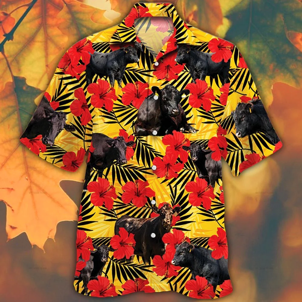 Black Angus Cattle Lovers Hibiscus Flower Trendy Hawaiian Shirt Black Angus Cattle Lovers Hibiscus Flower Trendy Hawaiian Shirt