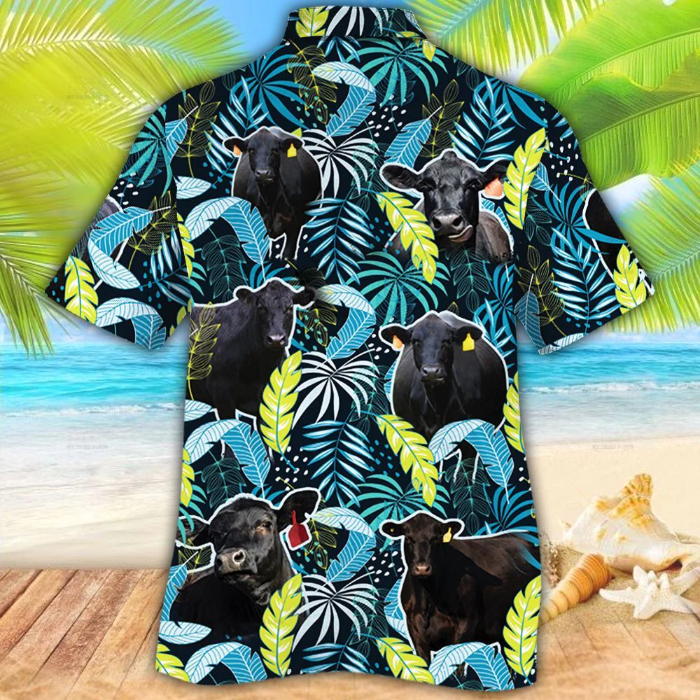 Black Angus Cattle Lovers Jungle Leaves Trendy Hawaiian Shirt, Cow Trendy Hawaiian Shirt For Summer Gifts