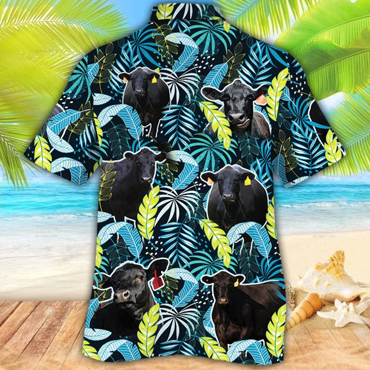 Black Angus Cattle Lovers Jungle Leaves Trendy Hawaiian Shirt, Trendy Hawaiian Shirt Men, Women