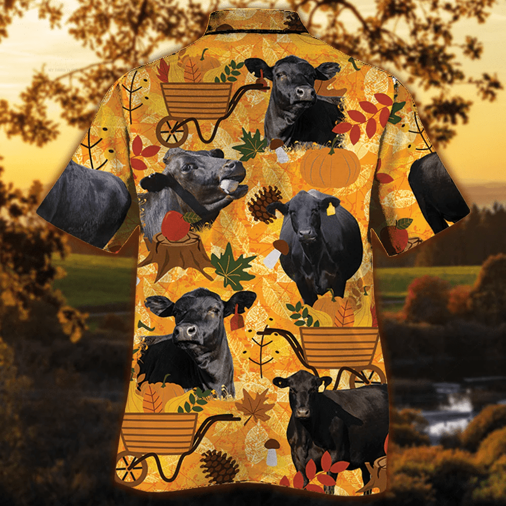Black Angus Cattle Lovers Orange Nature Autumn Trendy Hawaiian Shirt, Cow Trendy Hawaiian Shirt For Summer Gifts