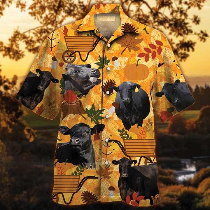 Black Angus Cattle Lovers Orange Nature Autumn Trendy Hawaiian Shirt: Farm Life Collection