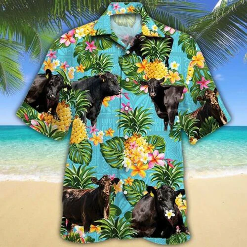 Black Angus Cattle Lovers Pineapple Aloha Trendy Hawaiian Shirt, Cow Trendy Hawaiian Shirt For Summer Gifts