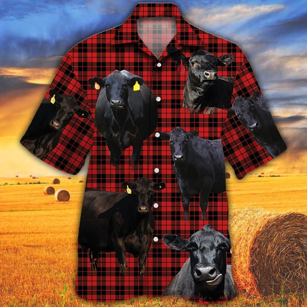 Black Angus Cattle Lovers Red Tartan Pattern Trendy Hawaiian Shirt Black Angus Cattle Lovers Red Tartan Pattern Trendy Hawaiian Shirt