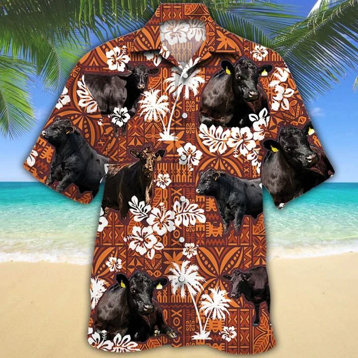 Black Angus Cattle Lovers Red Tribal Trendy Hawaiian Shirt Men, Cow Short Sleeve Hawaiian Aloha Shirt