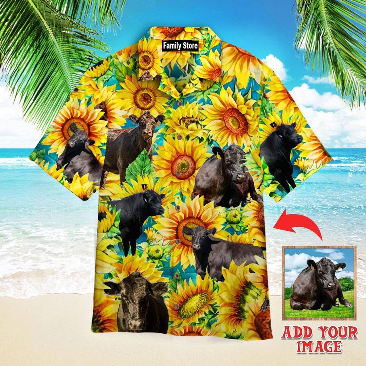 Black Angus Cattle Lovers Sunflower Watercolor Custom Hawaiian Shirt
