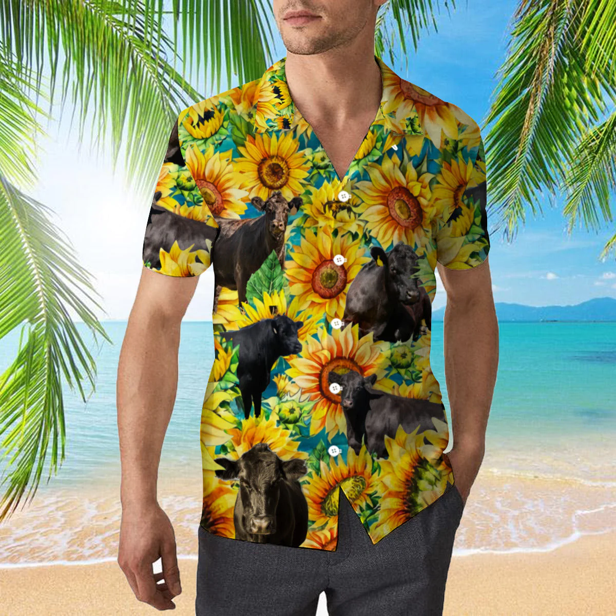 Black Angus Cattle Lovers Sunflower Watercolor Trendy Hawaiian Shirt