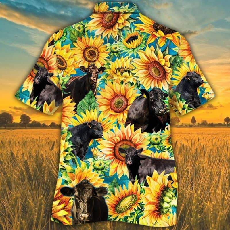 Black Angus Cattle Lovers Sunflower Watercolor Trendy Hawaiian Shirt, Cow Trendy Hawaiian Shirt For Summer Gifts