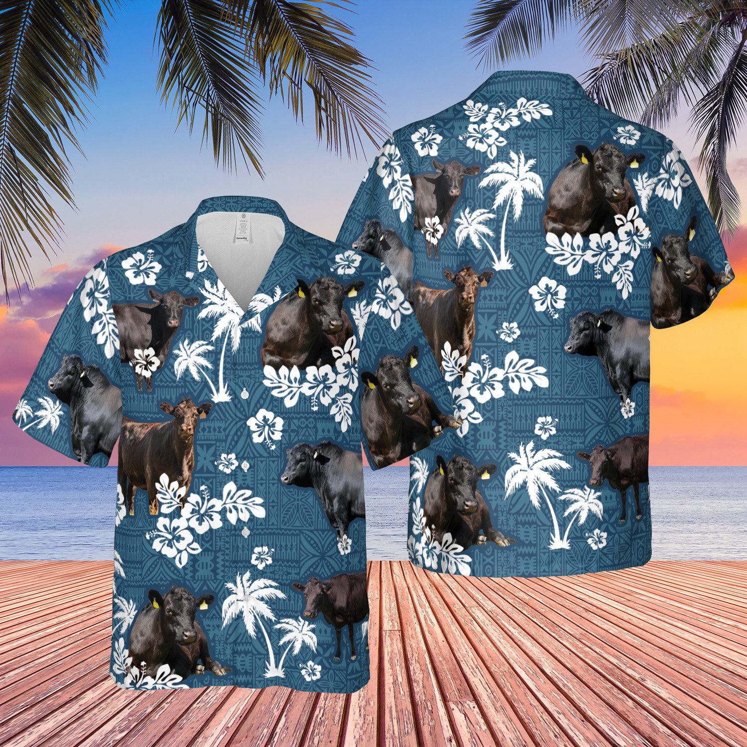Black Angus Cattle Lovers Tropical Blue Pattern Hawaiian Shirt